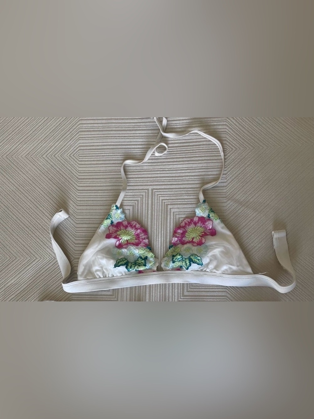 Beach Bunny White Triangle Bralette with Pink Floral Embroidery